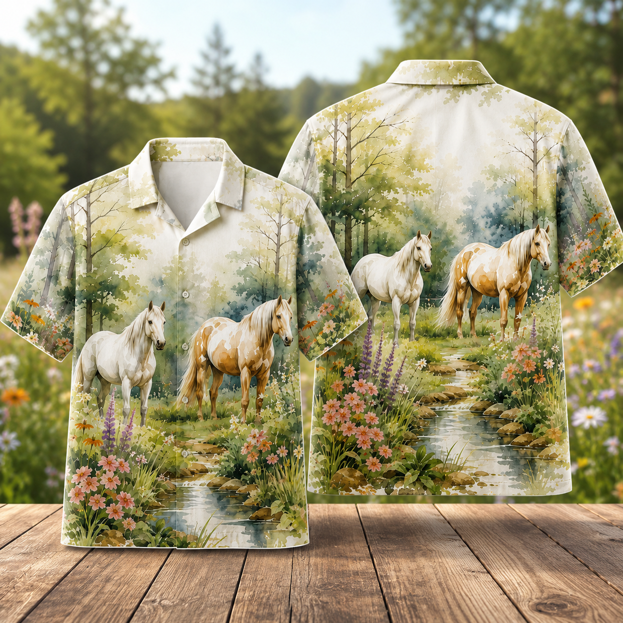 Two Horses Meadow Hawaiian Shirt for Men & Women, Floral Forest Horse Aloha Shirt