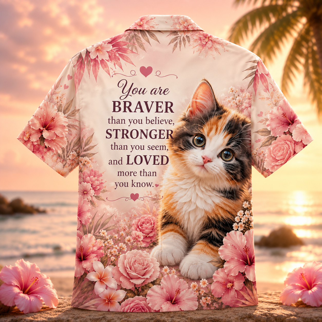 You Are Braver Stronger Loved Cat Hawaiian Shirt – Inspirational Kitten Floral Aloha Shirt - Image 3
