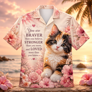 Alternative view of You Are Braver Stronger Loved Cat Hawaiian Shirt – Inspirational Kitten Floral Aloha Shirt