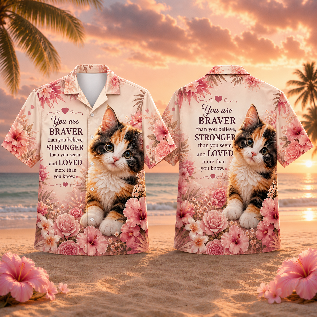 You Are Braver Stronger Loved Cat Hawaiian Shirt – Inspirational Kitten Floral Aloha Shirt