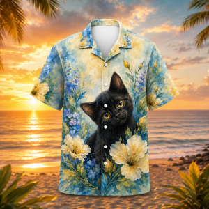Alternative view of You Are Their Whole World Hawaiian Shirt – Black Cat Floral Tropical Aloha Shirt